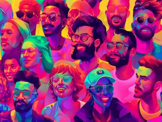 Fototapeta premium A colorful painting of a group of people with sunglasses and hats. The painting is titled 