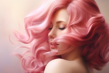 Fototapeta premium Beautiful young woman with long wavy pastel pink hair. Perfect hairstyle and hair coloring. Mermaid or unicorn color trendy hair. Beauty and fashion concept