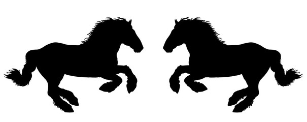 Illustration of the galloping draft horse. Silhouette of heavy horses.	