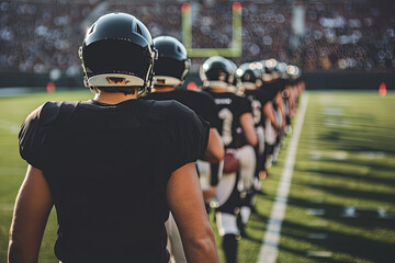 Rear view of Caucasian male athletes in American football uniforms, positioned on a stadium field, ready for a game or practice session