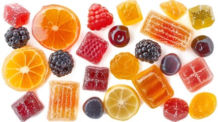 Assorted jelly fruit snacks, colorful and varied, top view with isolated background and sharp studio lighting, ideal for advertising purposes