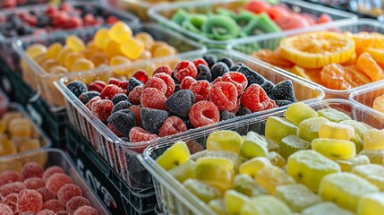 Assorted jelly fruits in packed crates, ready for shipment, showcasing a variety of flavors in a clean and orderly setting