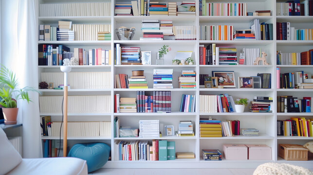 Mockup of bookshelf in front view, full of books and decorations in white color tone. Built-in bookshelves in modern style, with a sofa, floor lamp, window and natural light.