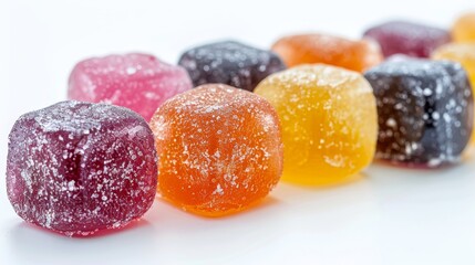 Close-up of colorful jelly fruit candies, detailed and glossy, isolated on a white background with precise studio lighting