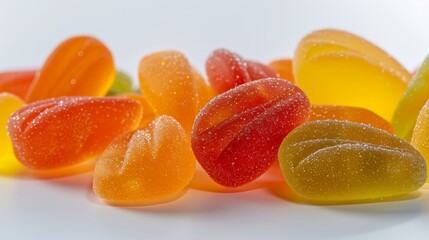 Close-up of colorful mango-shaped jelly fruit snacks, assorted flavors, isolated on a clean background with studio lighting emphasizing their shine