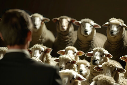 Politician delivering a persuasive speech to an attentive audience represented by a flock of sheep, symbolizing influence and leadership