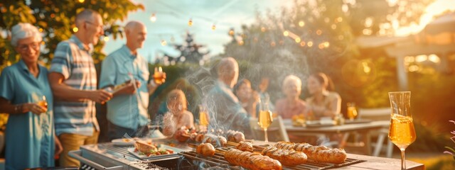 A family is gathered around a grill, cooking food and enjoying each other's company. The atmosphere is warm and inviting, with people of all ages mingling and chatting