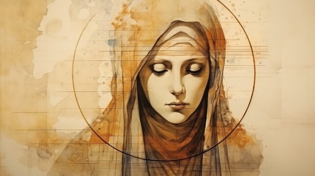The painting of St. Euphemia in Martyrdom in Ancient Chalcedon, Beige Background, Copyspace,Christian banner
