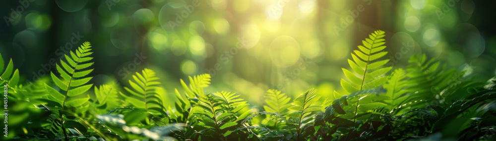 Poster an enchanting forest scene at sunrise with lush green ferns and light rays filtering through trees, 