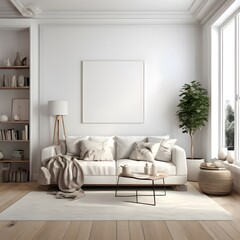 Modern living room interior with window and white backdrop; contemporary living room with sofa

