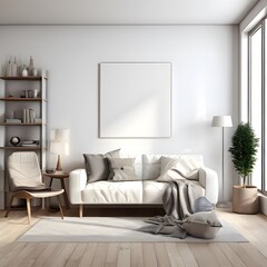 A contemporary living area featuring a sofa and a white backdrop and window
