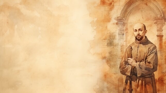 The painting of St. Ignatius of Loyola in Prayer in 16th-Century Spanish Church, Beige Background, Copyspace,Christian banner