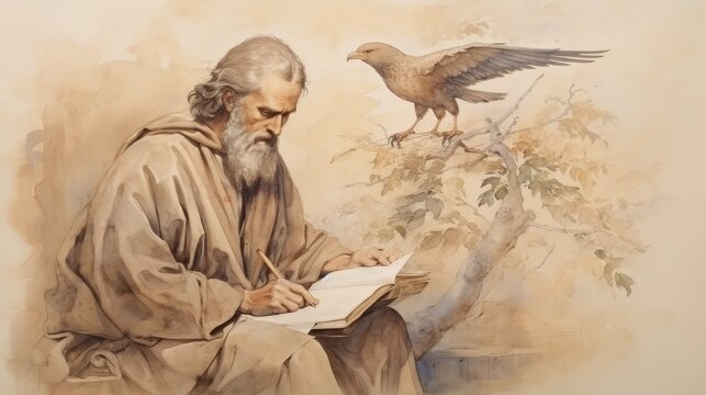 The painting of St. John the Apostle Writing Book of Revelation with Eagle and Patmos Island Symbols, Beige Background, Copyspace,Christian banner