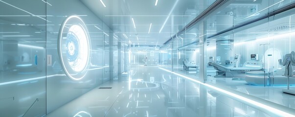 Obraz premium A futuristic hospital with a large glass window in the middle. The room is bright and sterile, with white walls and floors. The hospital is designed to be a futuristic and high-tech environment