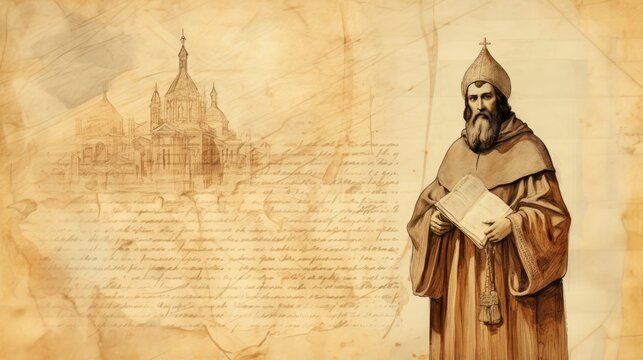 The painting of St. Basil of Caesarea Writing in 4th-Century Church, Beige Background, Copyspace,Christian banner