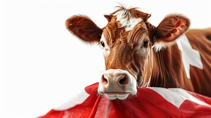 The flag of Switzerland with a cow, white background, super realistic, copy space