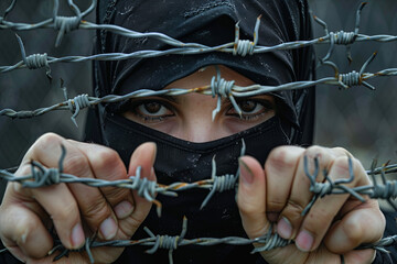 Powerful image of a masked woman grasping barbed wire, representing the concept of standing against oppression, fighting for freedom, and challenging tyranny