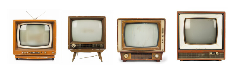 Collection of four retro TV sets, old vintage mid-century televison wooden box isolated on white...