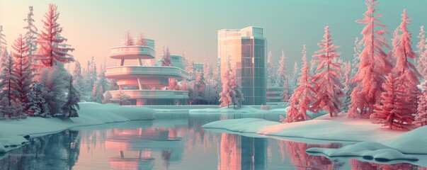 Obraz premium A city with a pinkish tint and a snowy landscape. The buildings are tall and the trees are covered in snow