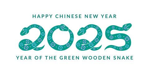 Fototapeta premium Snake numbers 2025. Floral ornament. Happy Chinese New Year poster, banner, background, template. Pattern, symbol, sign, line, icon, silhouette, tattoo. Green woden snake.