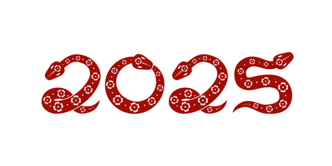 Snake numbers 2025. Red floral stamp. Poster, banner, background, template. Pattern, symbol, sign, line, icon, silhouette, tattoo. Astrology China lunar calendar.