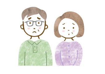 困った顔のシニア男女カップルの手描き上半身イラスト
