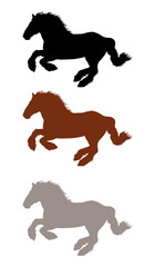 Illustration of the galloping draft horse.  Black, gray and brown hand drawing  of heavy horses. 