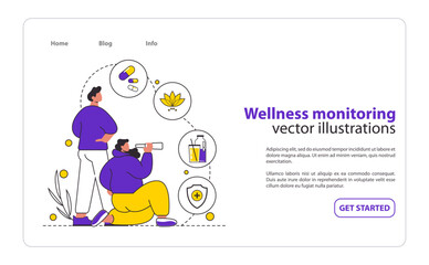Wellness Monitoring concept Showcases proactive health engagement with medication, hydration, and protection measures Encourages consistent wellness habits Vector illustration