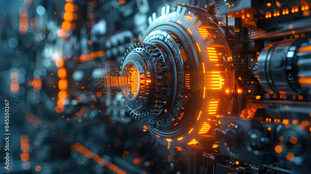 Poster high-tech mechanical component with glowing orange lights, showcasing advanced engineering and futur