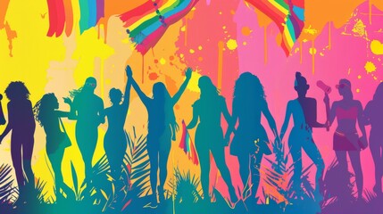 A group of women are dancing and holding hands in a colorful background. Scene is joyful and celebratory