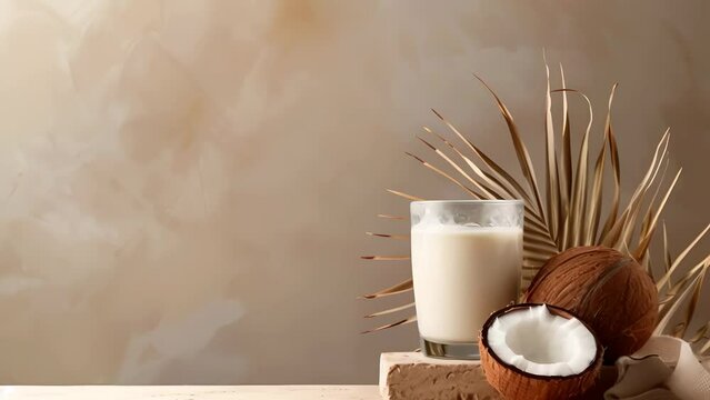 Coconut milk in a glass, coconuts and a place for text