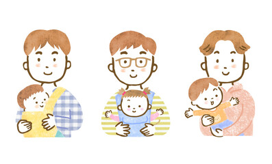 笑顔で子供を抱っこしている父親の上半身イラストセット