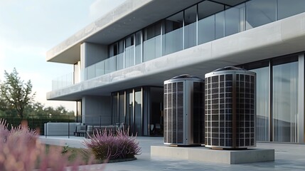 A modern building with a large glass facade and cylindrical objects in front of it.