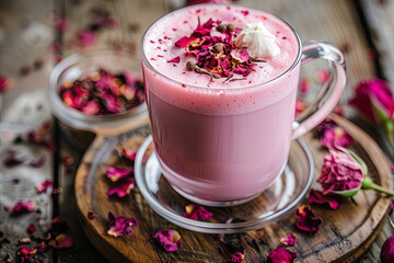 Trendy and romantic pink latte made with hibiscus tea, garnished with dried rose petals, perfect for a fashionable food or beverage advertisement