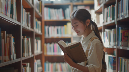 Close up of a happy and excited Asian girl is reading a book in front of a bookshelf on a blurred library background.