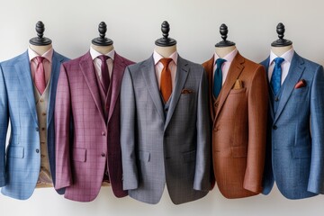 A row of five suits of different colors and styles