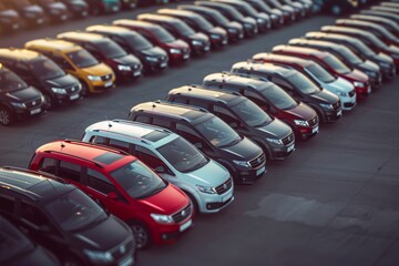 Fototapeta premium Detailed View of Diverse Car Rental Fleet with Varied Vehicle Colors and Models for Rent