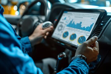 Mechanic Analyzing Car Performance Data on Dashboard Screen in Modern Vehicle Diagnostic Report
