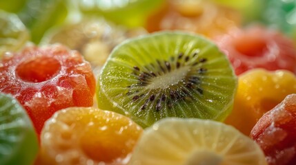 Detailed shot of assorted fruit snack candies, apple-shaped jellies in various flavors, isolated on a clean background, perfect studio lighting