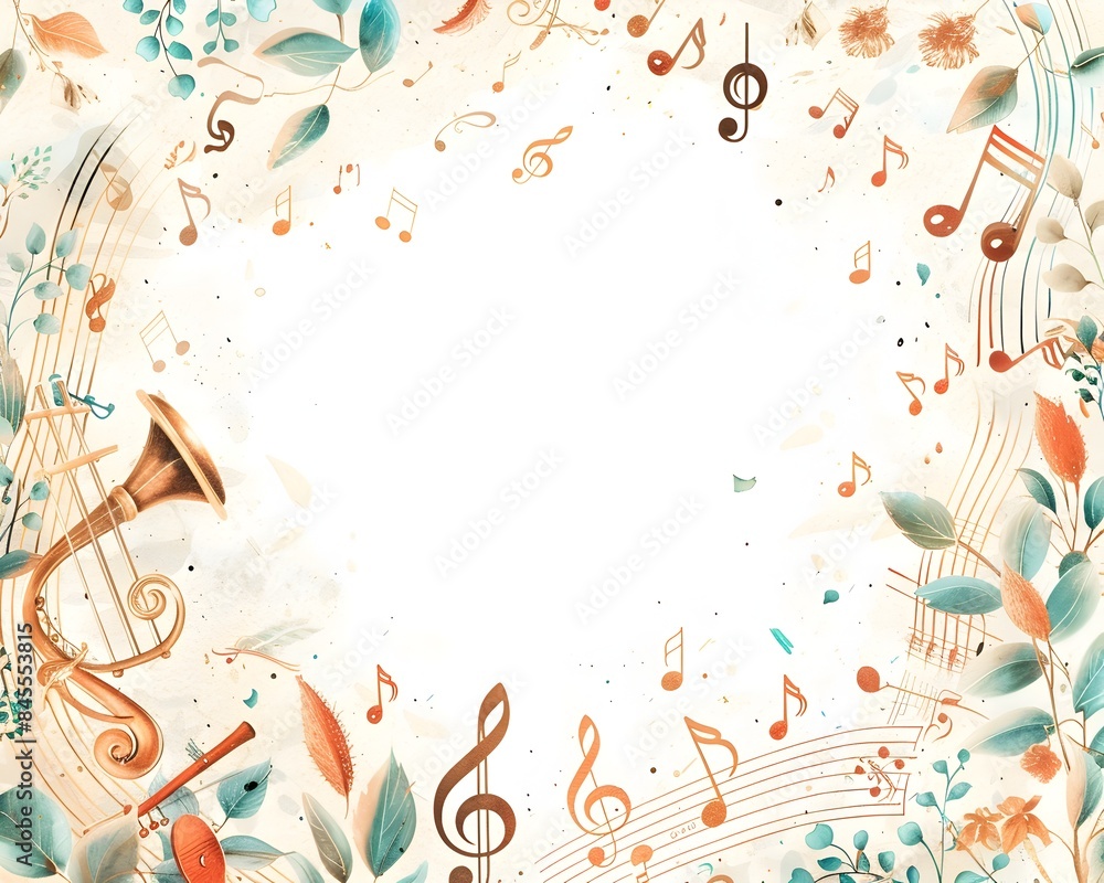 Poster harmonious musical sheet frame with decorative instruments and notes isolated concept with copy spac