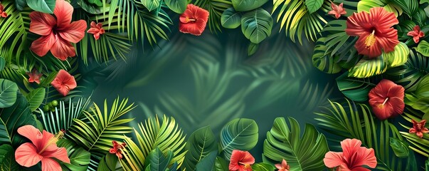 Lush and Vibrant Tropical Paradise Frame with Exotic Flowers and Leaves Isolated Concept Copy Space