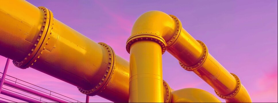 Close up of yellow pipes on a purple background, with a yellow and violet colour scheme, from a low angle shot.