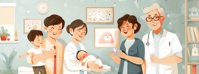 A group of people, including a doctor and a nurse, are gathered around a baby in a hospital setting. Scene is warm and welcoming, as the people are smiling and interacting with the baby