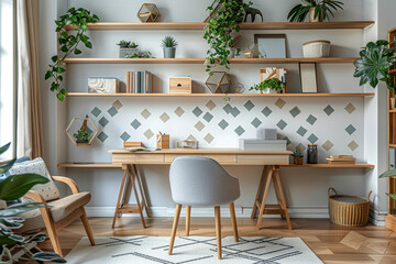 A Scandinavian-inspired study room with a wooden desk, a comfortable chair, and shelves adorned with geometric decor and greenery.