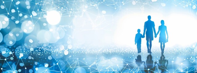 A family of three people walking in a field with a blue background. Concept of togetherness and unity, as the family members are walking side by side. The blue background adds a calming