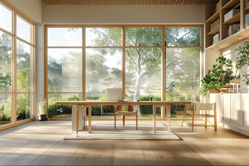 Fototapeta premium A serene study room with a Scandinavian design, light wood furniture, and large windows providing a view of the outdoors.