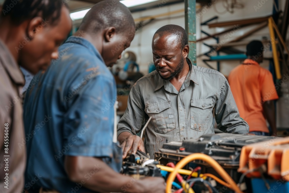 Poster mechanic demonstrating diagnostic tools to trainees in workshop setting for automotive training