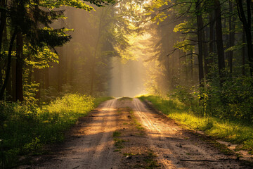 Obraz premium Picture of summer sunrise in green forest AI generative