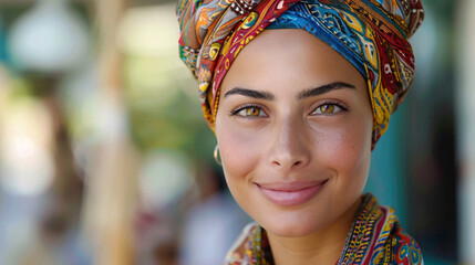 Fototapeta premium Attractive Arab woman in a colorful turban, smiling and looking at the camera, closeup portrait