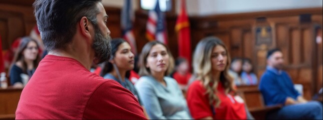 Fototapeta premium A group of people in the courtroom, including men and women wearing red , are listening to the judge's speech about vehicle commercial signs with American flags on them. 